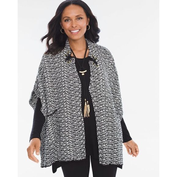 Chicos Black-And-White Knit Ruana One Size - Picture 1 of 15